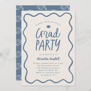 Invitación Dusty Blue Hand Drake Squiggle Graduation Party