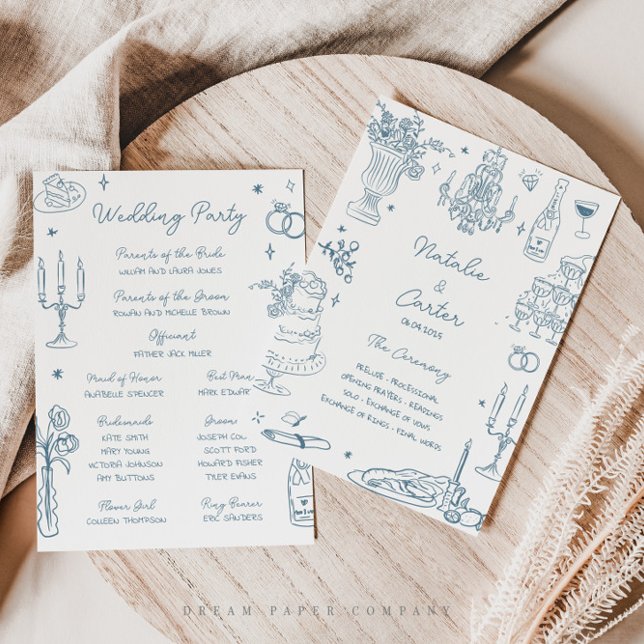 Invitación Dusty Blue Hand Drake Whimsical Wedding Program (Subido por el creador)