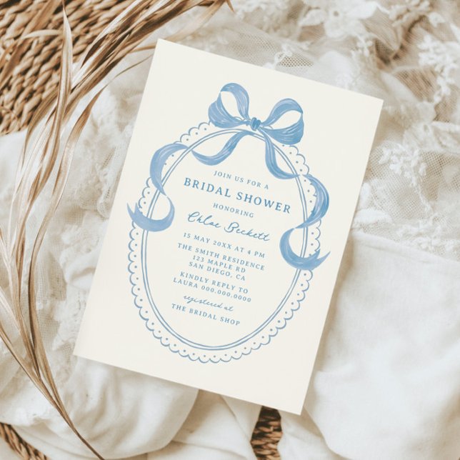 Invitación Dusty Blue Hand Drawing Bow Frame Bridal Shower (Subido por el creador)