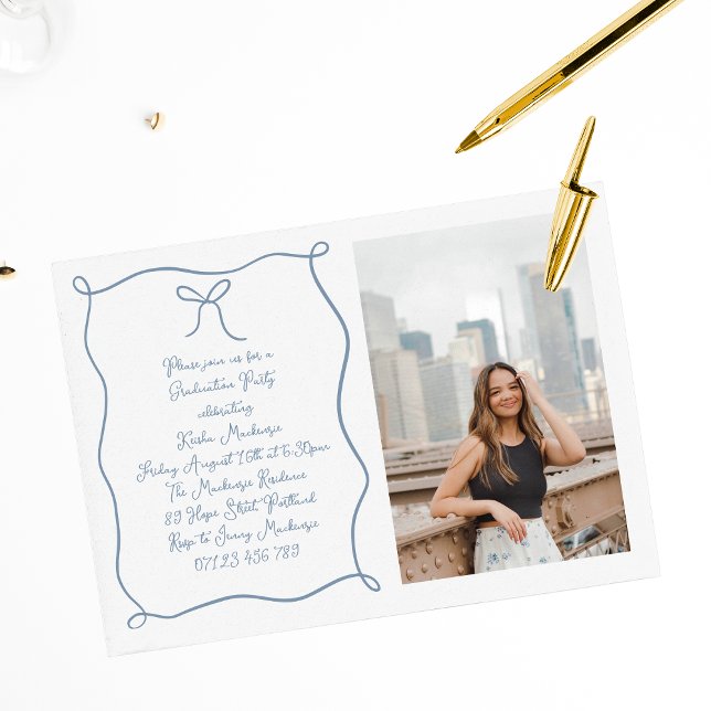 Invitación Dusty Blue Hand Drawn Bow Photo Graduation Party (Subido por el creador)