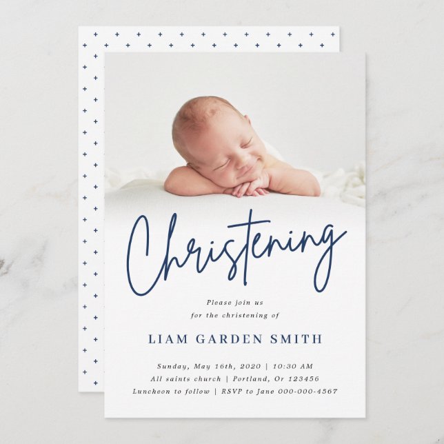 Invitación Dusty Blue Handwriter Script Christening Boy (Anverso / Reverso)