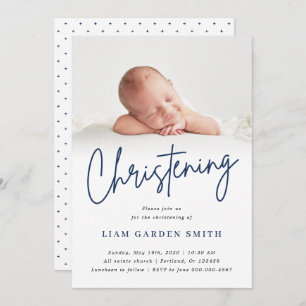 Invitación Dusty Blue Handwriter Script Christening Boy
