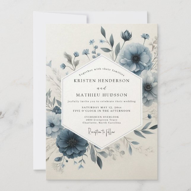 Invitación Dusty Blue Heirloom Flora Wedding (Anverso)