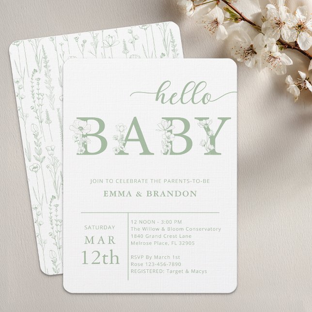 Invitación Dusty Blue Hello Baby Wildflower Invitation (Sage Green Baby Shower Invite)