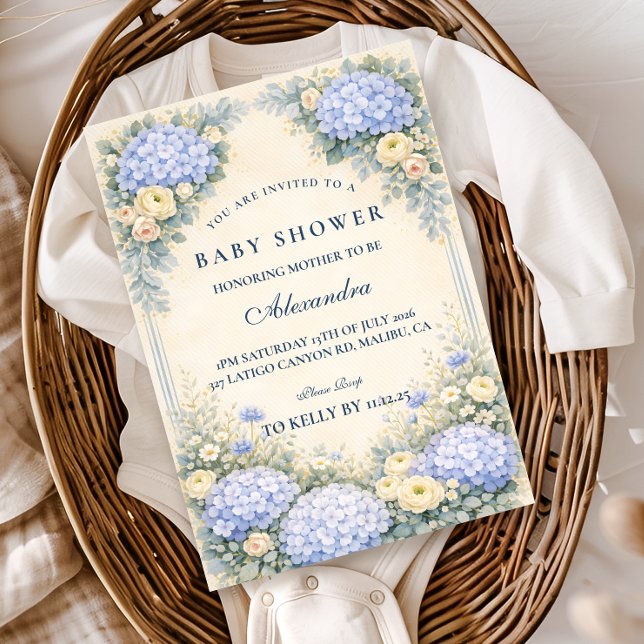 Invitación Dusty Blue Hydrangea Baroque Floral Baby Shower (Subido por el creador)