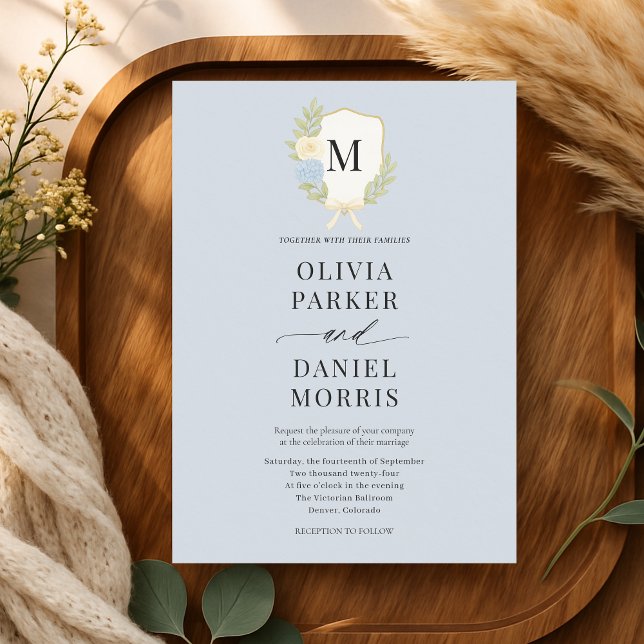 Invitación Dusty Blue Hydrangea Bow Crest Monogram Wedding (Subido por el creador)