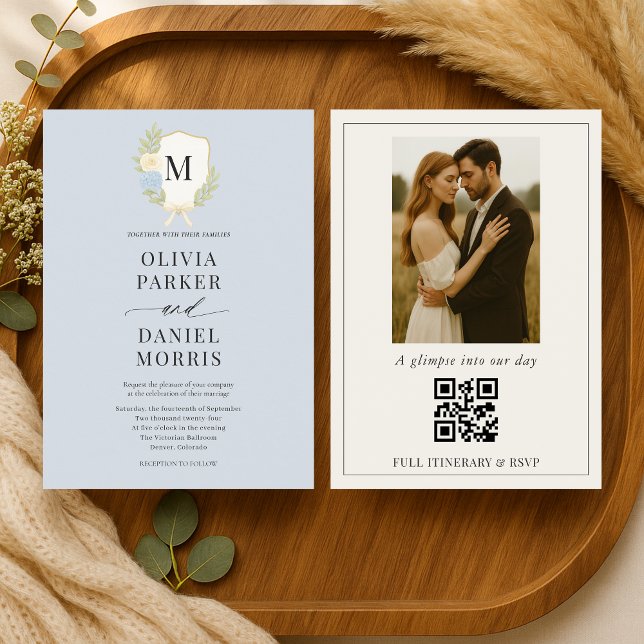 Invitación Dusty Blue Hydrangea Crest Monogram Photo Wedding (Subido por el creador)