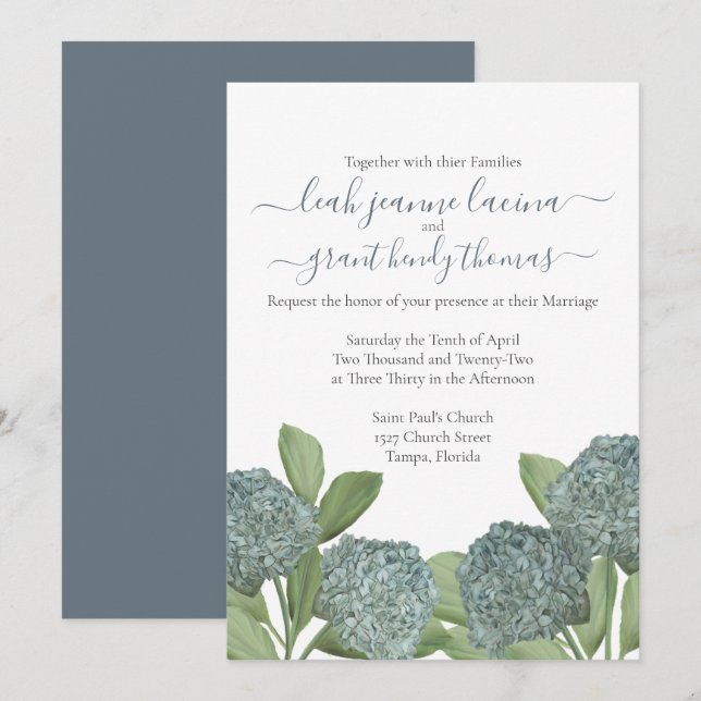 Invitación Dusty Blue Hydrangea Elegante Boda floral de veran (Anverso / Reverso)