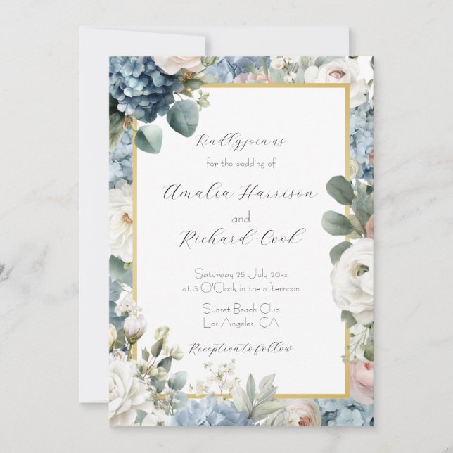 Invitación Dusty Blue Hydrangea Floral Wedding  (Anverso)