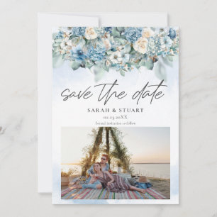 Invitación Dusty Blue Hydrangea Foto Código QR Guardar fecha