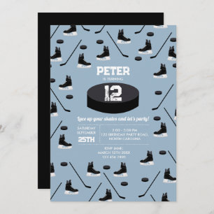 Invitación Dusty Blue Ice Hockey Stick, Skate Puck Cumpleaños