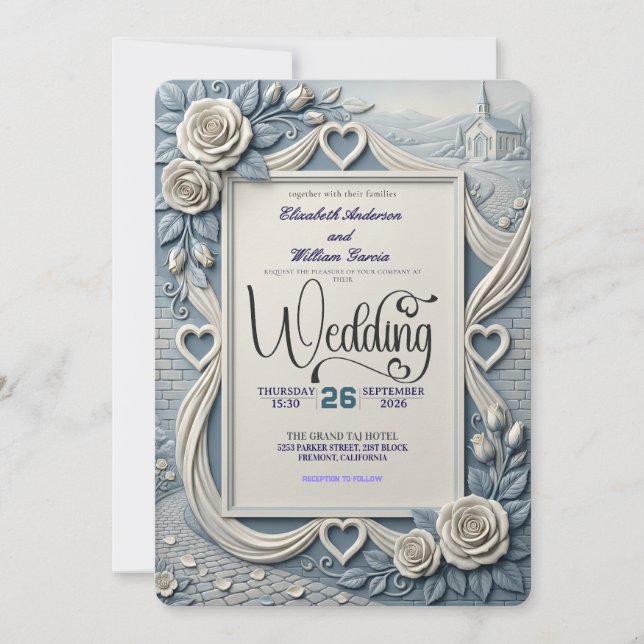 Invitación Dusty Blue Indigo Romantic Church Wedding (Anverso)