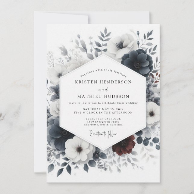 Invitación Dusty Blue Ink Wash Floral Wedding (Anverso)