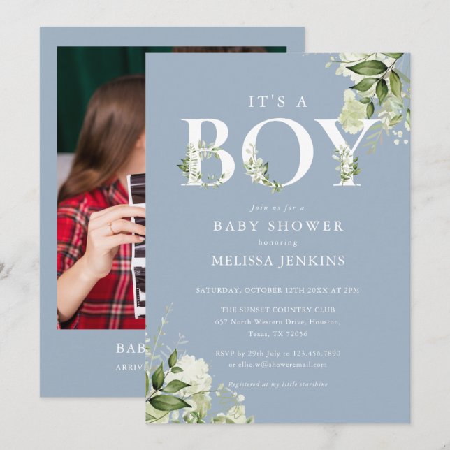 Invitación Dusty Blue It A Boy Green Photo Baby Shower (Anverso / Reverso)