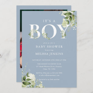 Invitación Dusty Blue It A Boy Green Photo Baby Shower