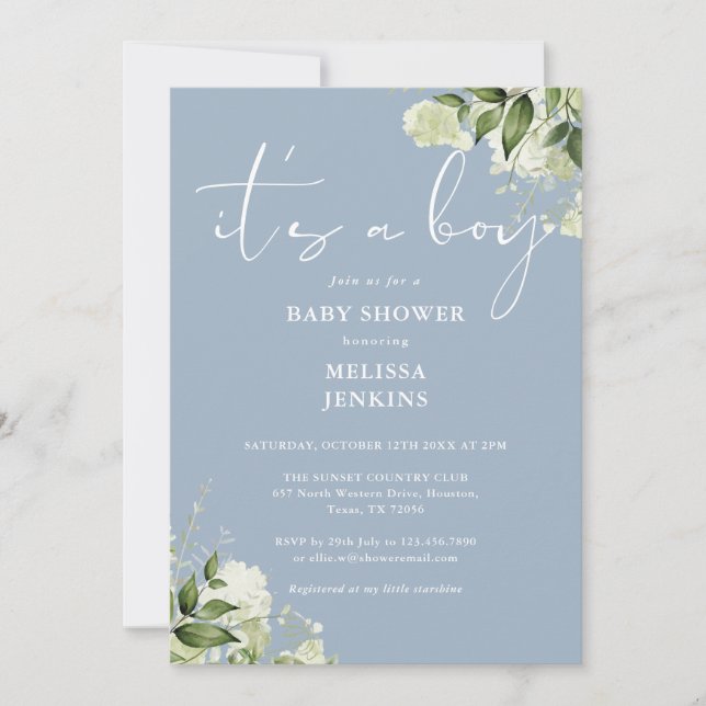 Invitación Dusty Blue It A Boy Greeneration Baby Shower (Anverso)