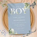 Invitación Dusty Blue It A Boy Greenereneration Letter Baby S<br><div class="desc">Es una invitación para una ducha de bebé con tipografía elegante y vegetación botánica de bonito sobre un polvoriento fondo azul. Diseñado por Thisisnotme©</div>