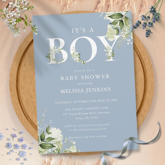 Invitación Dusty Blue It A Boy Greenereneration Letter Baby S (Dusty Blue Its A Boy Greenery Letter Baby Shower Invitation)