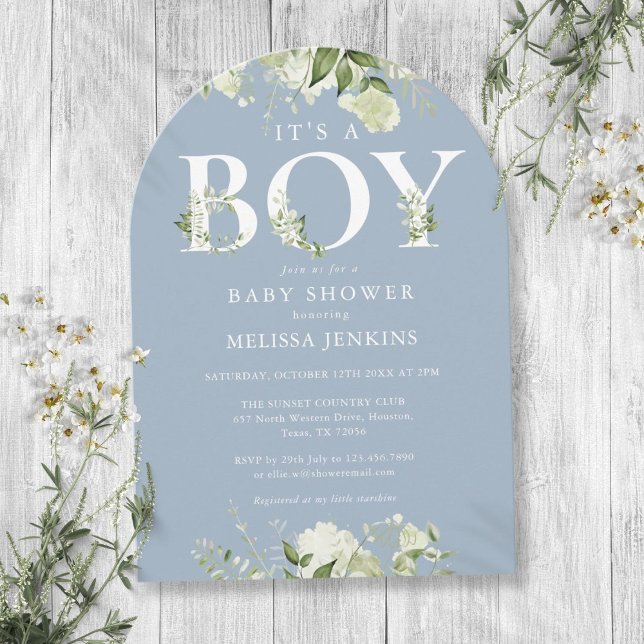 Invitación Dusty Blue It A Boy Greenereneration Letter Baby S (Dusty Blue Its A Boy Greenery Letter Baby Shower Invitation)