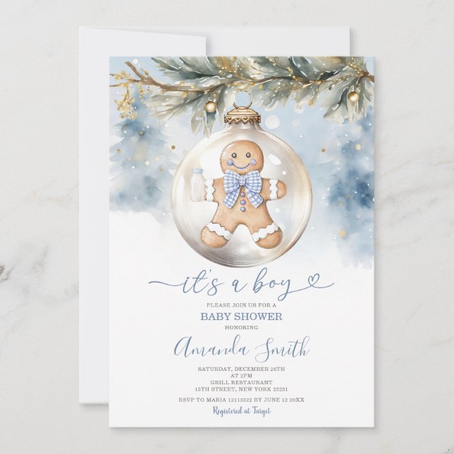Invitación Dusty Blue its A Boy Cookies Navidad Baby Shower (Anverso)