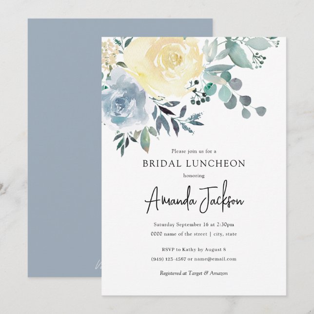 Invitación Dusty Blue Ivory Floral Greeneration Bridal Lunche (Anverso / Reverso)