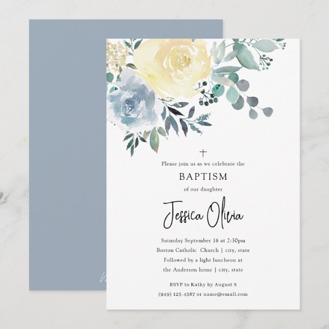 Invitación Dusty Blue Ivory Floral Greenersm Baptism (Anverso / Reverso)