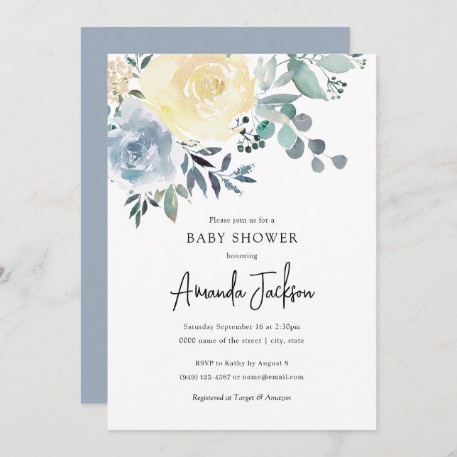 Invitación Dusty Blue Ivory Floral Greenery Boy Baby Shower (Anverso / Reverso)