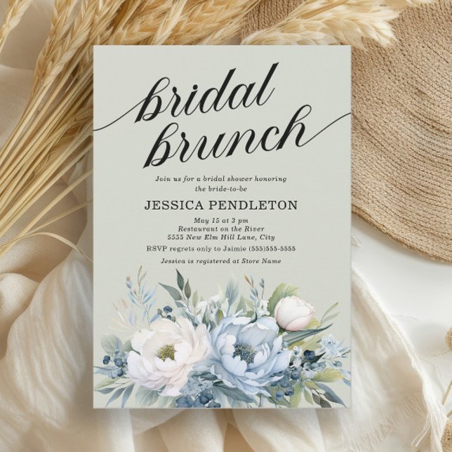 Invitación Dusty Blue Ivory Floral Sage Green Bridal Brunch (Dusty blue and white watercolor floral bridal brunch/shower invitation)