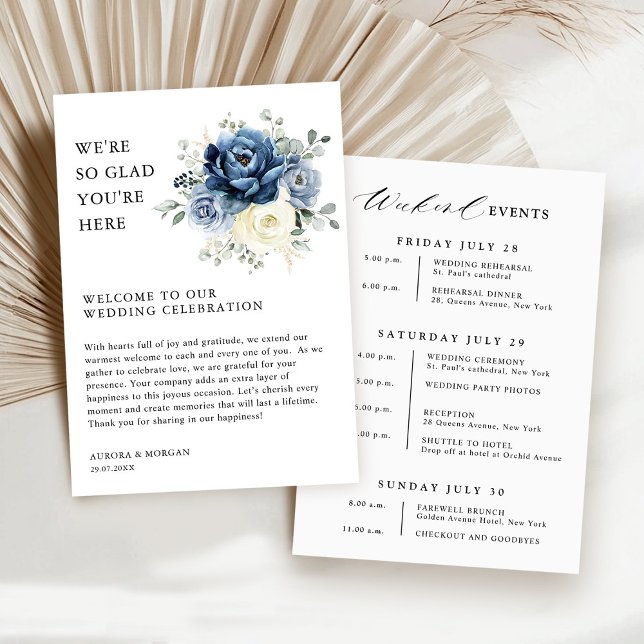 Invitación Dusty Blue Ivory Floral Weekend Events Program (Dusty Blue Ivory Floral Weekend Events Budget  Wedding Program card)