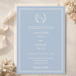 Invitación Dusty blue ivory wreath monogram luxury wedding 