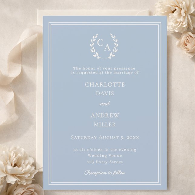 Invitación Dusty blue ivory wreath monogram simple wedding  (Subido por el creador)