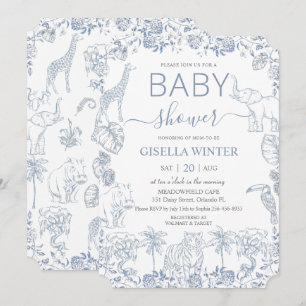 Invitación Dusty Blue Jungle Animals Toile Baby Shower