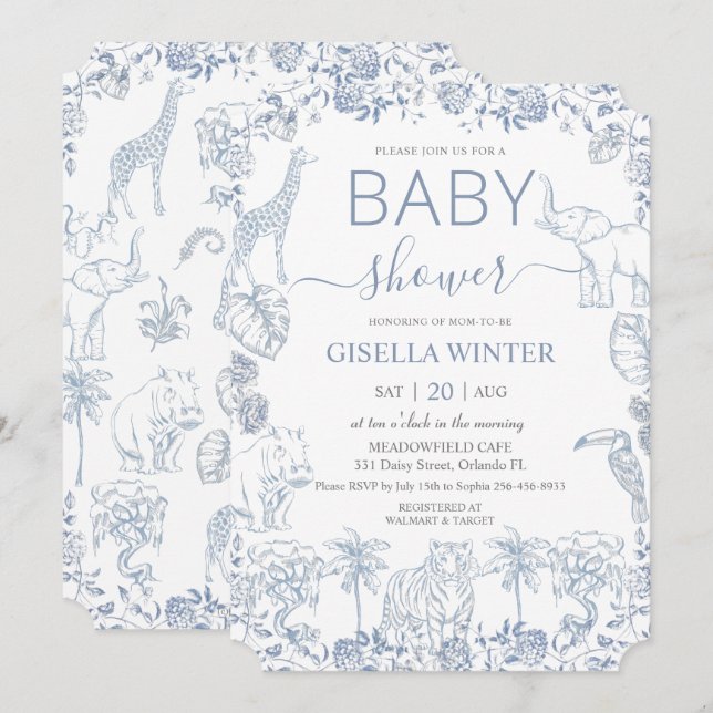 Invitación Dusty Blue Jungle Animals Toile Baby Shower (Anverso / Reverso)