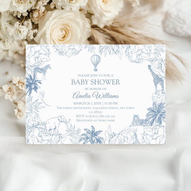 Invitación Dusty Blue Jungle Safari Animals Baby Shower (Subido por el creador)