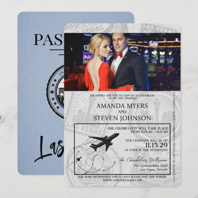Invitación Dusty Blue Las Vegas Passport Boda (Anverso / Reverso)