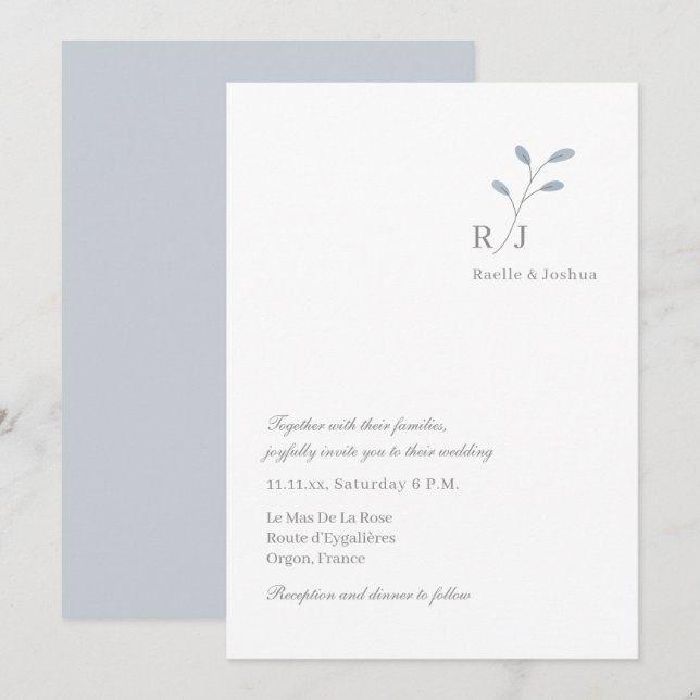 Invitación Dusty Blue Leaves Monograma Boda de Moda Minimalis (Anverso / Reverso)