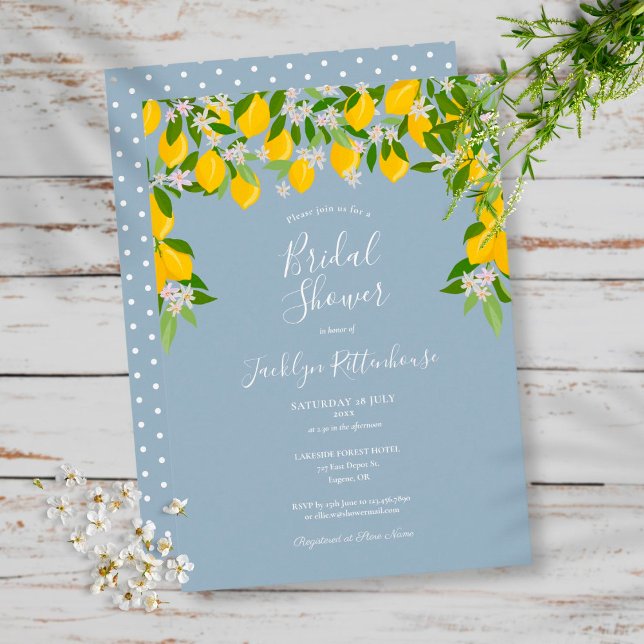 Invitación Dusty Blue Lemon Blossom Greenery Bridal Shower (Subido por el creador)