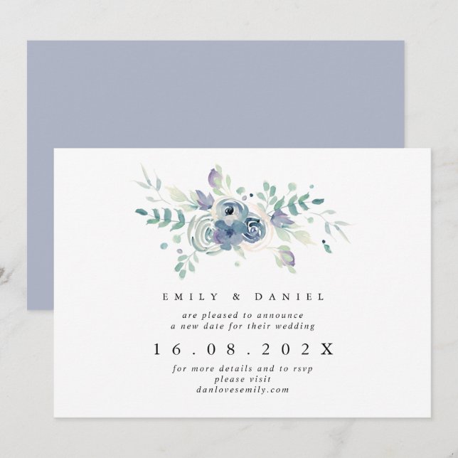 Invitación Dusty Blue & Lilac Floral New Boda Fecha (Anverso / Reverso)