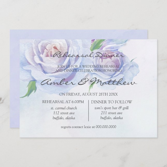 Invitación Dusty Blue Lilac Peony Ensayo Cena (Anverso / Reverso)