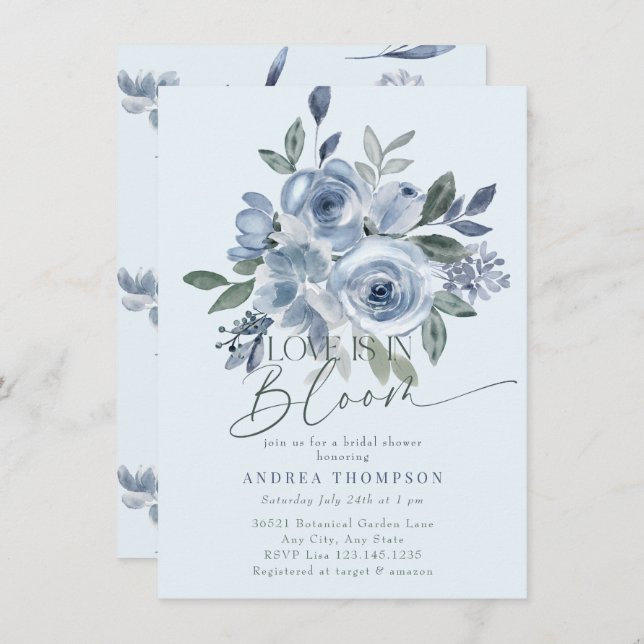 Invitación Dusty Blue Love en Bloom Bridal Shower Invitacione (Anverso / Reverso)
