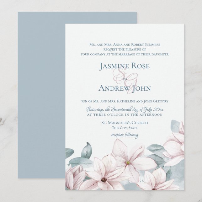 Invitación Dusty Blue Magnolias Elegant Spring Wedding (Anverso / Reverso)