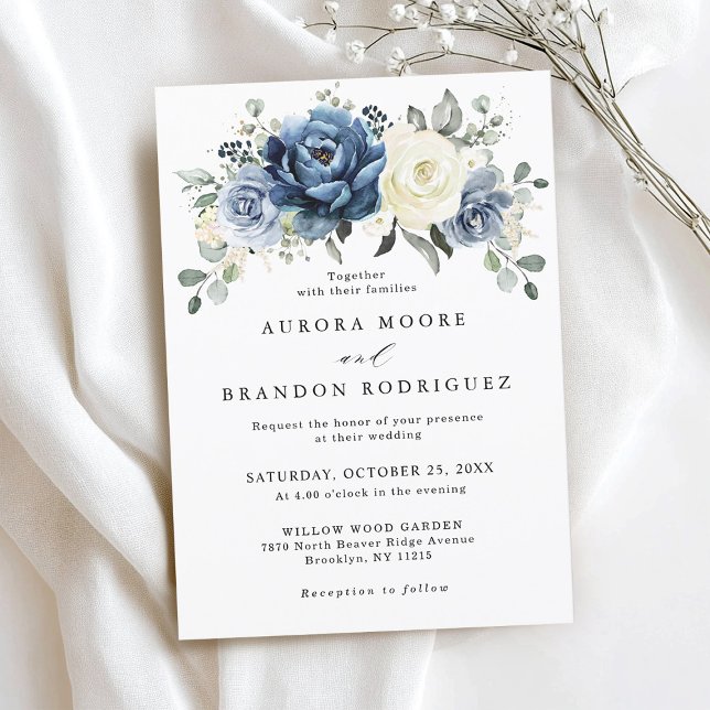 Invitación Dusty Blue Marfil Spring Floral Elegante Boda (Dusty Blue Ivory Spring Floral Elegant Wedding Invitation)
