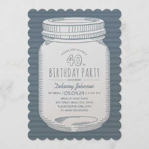 Invitación Dusty Blue Mason Jar Rustic 40 Fiesta de cumpleaño