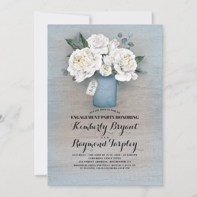 Invitación Dusty Blue Mason Jar Rustic Engagement Party (Anverso)