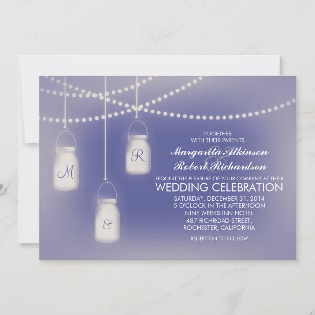 Invitación Dusty Blue Mason Jar Rustic Lights Wedding (Anverso)