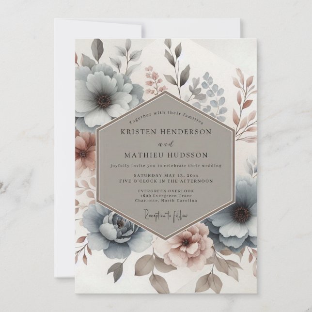 Invitación Dusty Blue Mauve Bloom Wedding (Anverso)