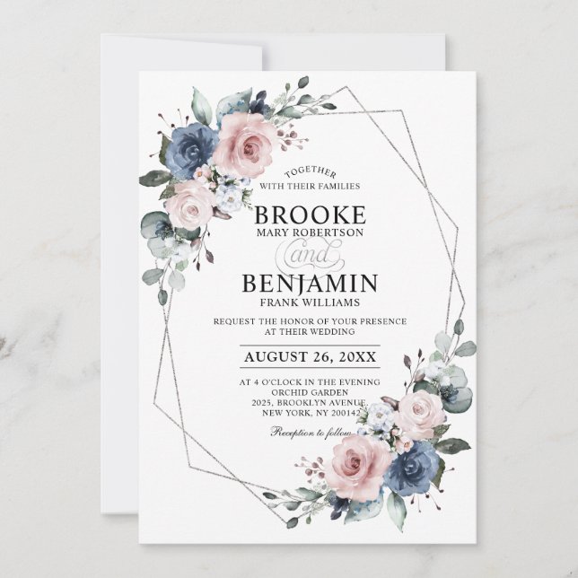 Invitación Dusty Blue Mauve Eucalyptus Boda Geométrica Invi (Anverso)