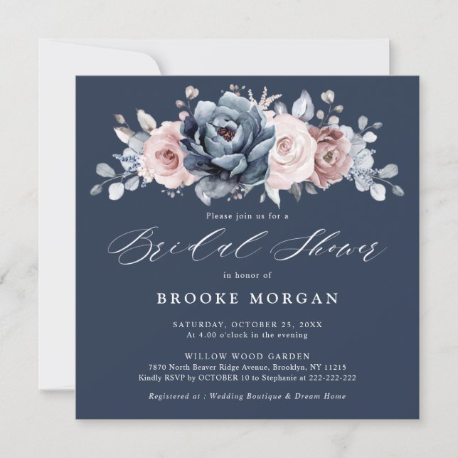 Invitación Dusty Blue Mauve Rosa Pink Slate Bridal Shower (Anverso)