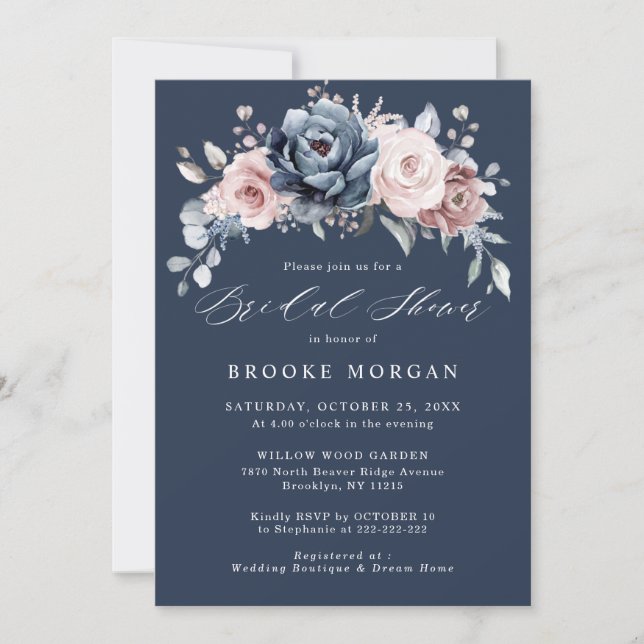 Invitación Dusty Blue Mauve Rosa Pink Slate Bridal Shower Inv (Anverso)