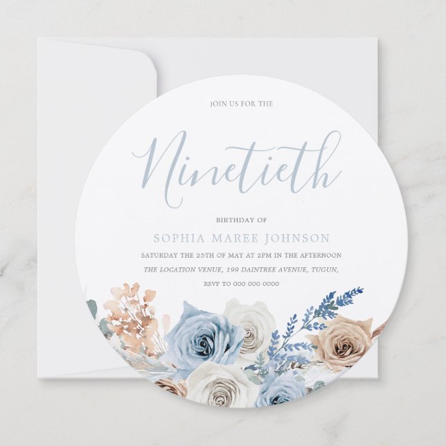 Invitación Dusty Blue Metallic Silver Boho 90º cumpleaños (Anverso)